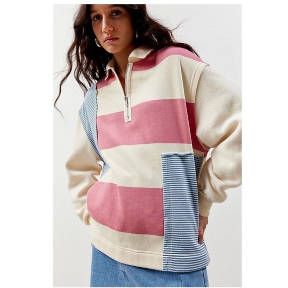 Urban Outfitters Tops - Urban Outfitters BDG Saylor Half Zip Striped Rugby Sweatshirt Crm/Pink/Bl SP NWT